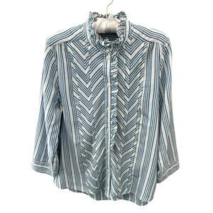 SUNDANCE | Blue White Striped Ruffle Button Front Cotton Blouse Top | Small